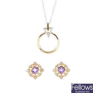 A diamond pendant and chain, together with a pair of 9ct gold amethyst and diamond earrings.