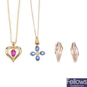 Two 9ct gold gem-set pendants, with chains, together with a pair of diamond earrings.