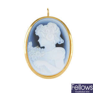 An 18ct gold cameo brooch and a 9ct gold locket and chain.