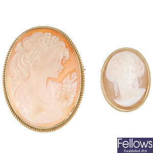 Two 9ct gold cameo brooches.