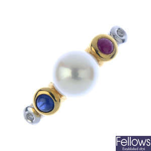 An 18ct gold cultured pearl and gem-set ring.