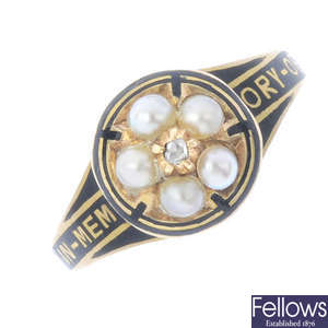 A mid Victorian 18ct gold split pearl diamond and enamel memorial ring.