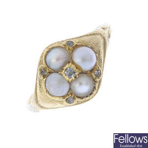 A mid Victorian gold split pearl and diamond floral cluster ring.