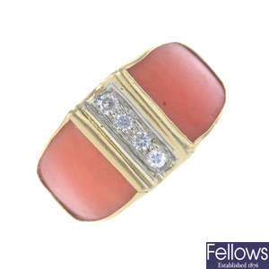 A 1970s 18ct gold coral and diamond dress ring.
