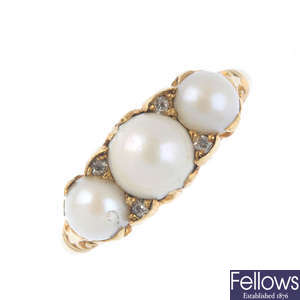 An early 20th century 18ct gold split pearl three-stone and diamond ring.