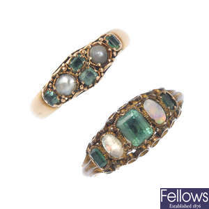 Two mid Victorian gold emerald, split pearl and opal dress rings.