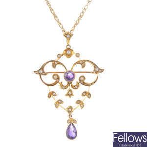 An early 20th century 15ct gold amethyst and split pearl pendant, with chain.