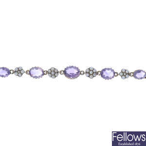 An early 20th century 9ct gold amethyst and split pearl bracelet.