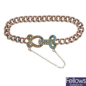 An Edwardian 9ct gold split pearl and turquoise buckle bracelet.