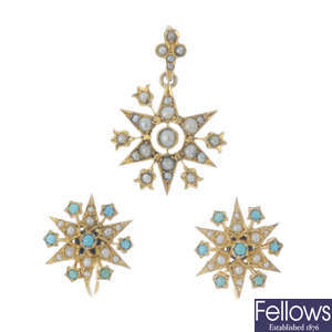 An early 20th century 9ct gold split pearl star pendant and a pair of turquoise and split pearl earrings.
