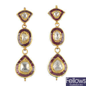 A pair of kundan work diamond and enamel earrings.