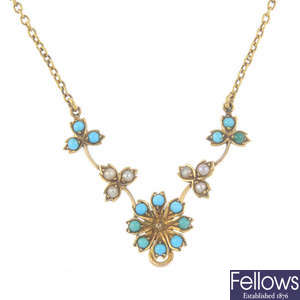 An Edwardian 9ct gold turquoise and split pearl floral necklace.
