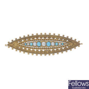 A late 19th century gold split pearl and turquoise bar brooch with unassociated swallow safety pin.