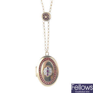 A 14ct gold diamond, ruby and enamel locket, on chain.