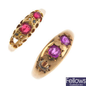 Two early 20th century 18ct gold gem-set rings. AF.