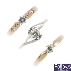 Three 9ct gold diamond single-stone rings.