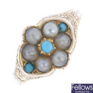 A late 19th century gold turquoise and split pearl memorial ring.