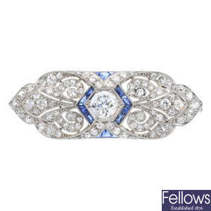 A mid 20th century diamond and sapphire brooch.