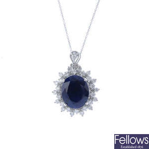 A sapphire and diamond cluster pendant., with chain.