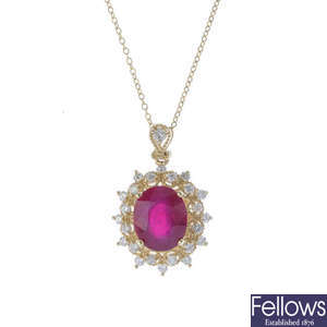 A glass-filled ruby and diamond pendant, with chain.