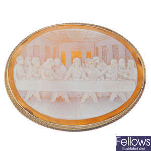 A shell cameo brooch carved to depict The Last Supper.