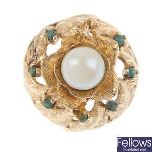 A cultured pearl and turquoise dress ring.