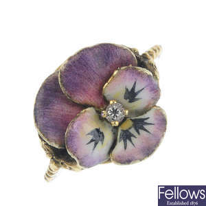 An early 20th century 14ct gold diamond and enamel pansy ring.