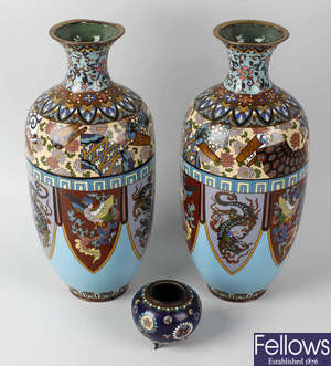 A pair of cloisonne vases and a small pot.