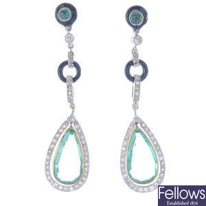 A pair of Columbian emerald, diamond and enamel earrings.
