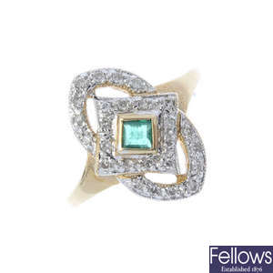 A 9ct gold emerald and diamond dress ring.