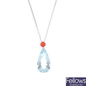 An aquamarine and fire opal pendant, with chain.