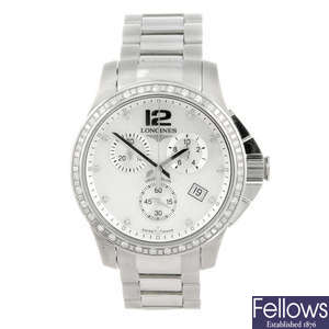LONGINES - a stainless steel Conquest chronograph bracelet watch.