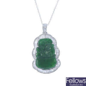 A floral carved jade and diamond pendant, with silver chain. 