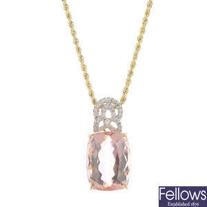 A 9ct gold morganite and diamond pendant, with chain.