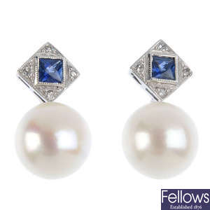 A pair of sapphire, diamond and cultured pearl earrings.
