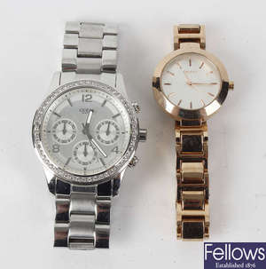 A large bag of various watches, to include examples by DKNY and Ice.