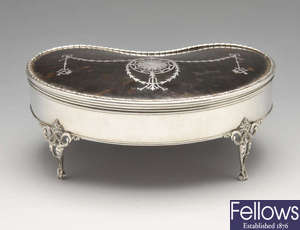 A George V silver and tortoiseshell jewellery box.