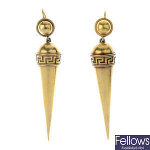 A pair of late Victorian 15ct gold Archeological Revival earrings, circa 1880.