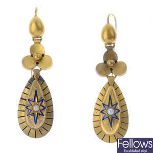 A pair of late Victorian gold, split pearl and enamel earrings.