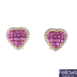 A pair of ruby and diamond earrings. 