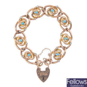 An Edwardian 9ct gold turquoise and split pearl bracelet.