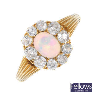 An early 20th century opal and diamond cluster ring