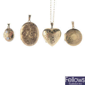 Four 9ct gold lockets, one with chain.