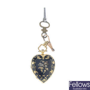 A late Victorian gold, enamel and diamond memorial fob watch.