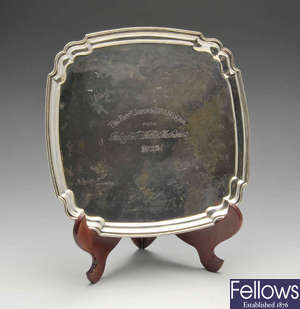 A 1920's silver tray with presentation engraving.