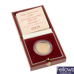 Elizabeth II, proof Sovereign 1989, for the 500th Anniversary of the first gold Sovereign.