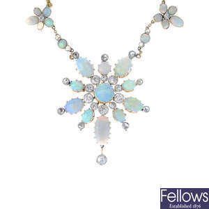 A late Victorian gold opal and diamond floral cluster necklace, circa 1880.
