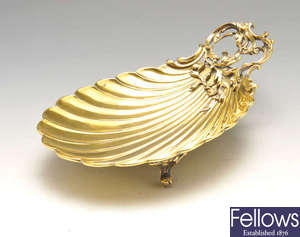 A late nineteenth century French silver-gilt shell dish.