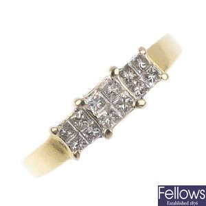 An 18ct gold diamond triple cluster ring.