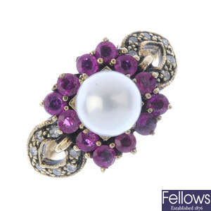 A 9ct gold cultured pearl ruby and diamond dress ring.